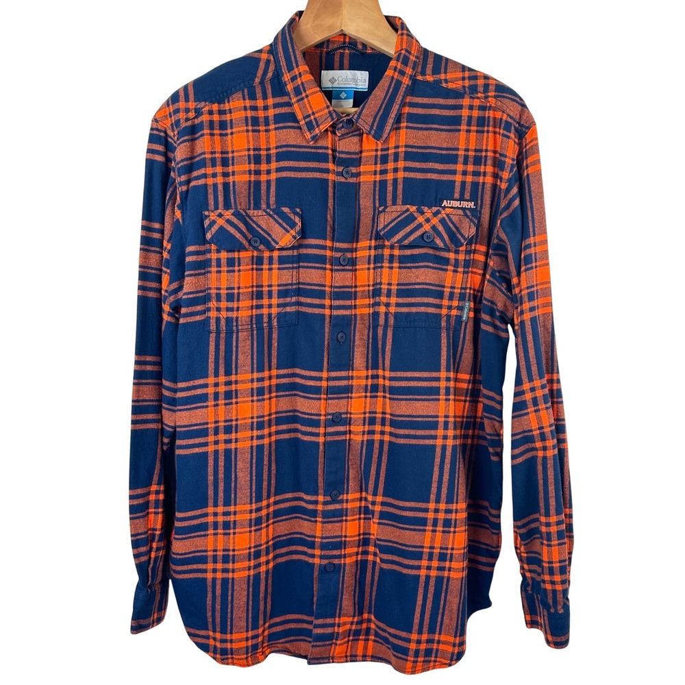 Columbia‎ Auburn Tigers Mens XL Navy Blue Orange Plaid Flannel Button Down Shirt